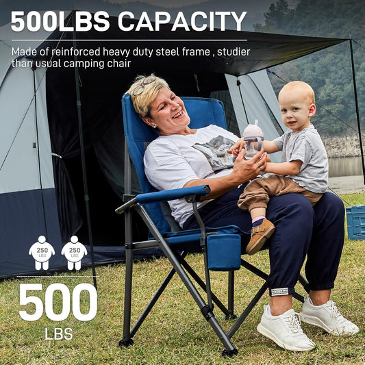 EVER ADVANCED Oversized Folding Camping Chair for Adults, Heavy Duty Lawn Chair with Side Pockets, Portable Collapsible Quad Chair for Outside, Support Up to 500lbs, Blue 2PACK