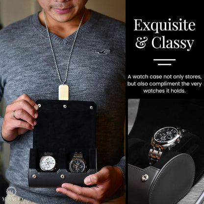 2 Watch Roll Travel Case for Men - Watch Holder and Storage for Travel - Slate Gray Swiss Motif Vegan Leather