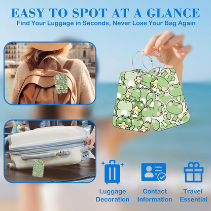 Cute Frog Luggage Tags for Suitcases Leather Travel Tags for Luggage ID Label with Privacy Cover and Stainless Steel Loop for Men Women Suitcase Backpack, Set of 2