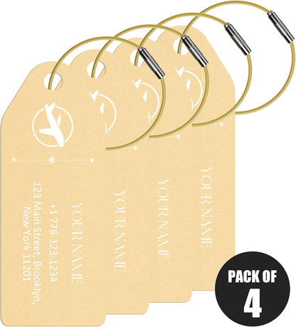 4 PCS Personalized Metal Luggage Tag – Personalized Engraved Suitcase Tag, Backpack Tag, with Matching Color Strap, Waterproof Suitcase Name Badge – Ideal Corporate Gift & Travel Accessory (Yellow)