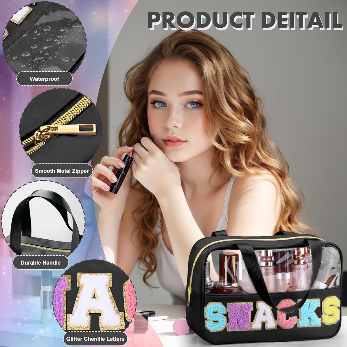 Snack Bag for Travel - Chenille Letter Clear Makeup Bag, Large Preppy Patch Snack Cosmetic Bag with Handle and Zipper, Cute Makeup Pouch Nylon&PVC Waterproof Toiletry Organizer Storage for Women