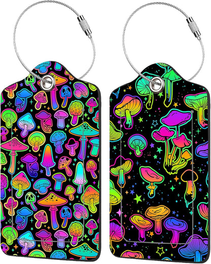 2 Pack Colorful Mushrooms Luggage Tags for Suitcases,Bright Mushrooms Leather Baggage Suitcases Tag Name ID Label Privacy Cover Travel Bag Tags for Women Men Boys Girls