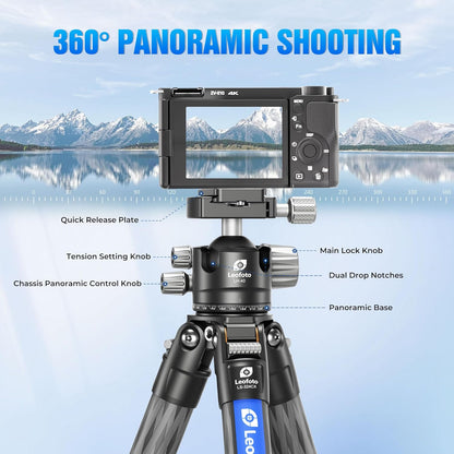 71" Travel Tripod Carbon Fiber for Camera, Compact Lightweight Tripod with 360°Panorama Ball Head,QR Plate, Removable Center Column, Load up to 15kg/33lbs