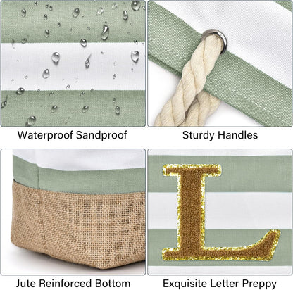 Becokan Beach Bag Initial Beach Tote with Makeup Bag for Travel Work Storage Personalized Birthday Gifts for Women Her