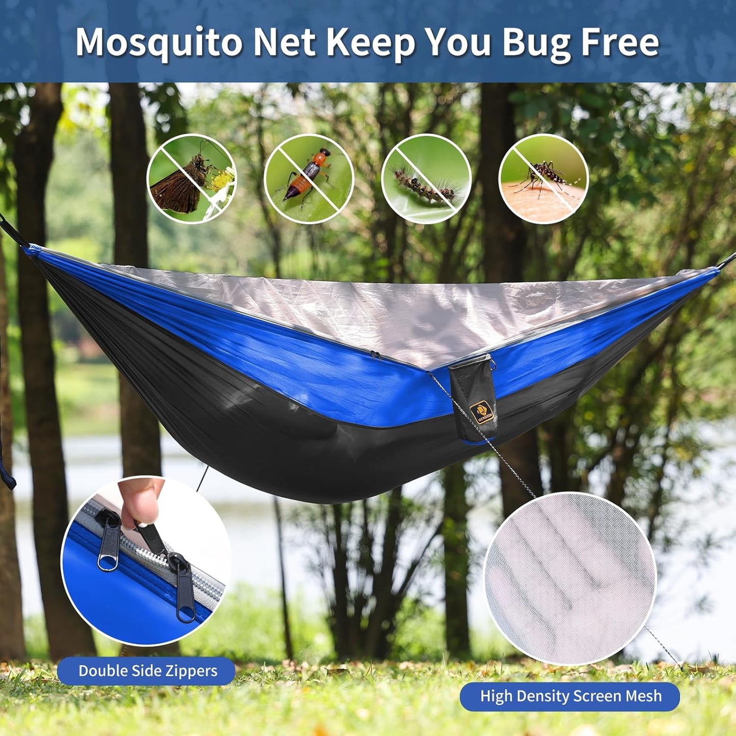 Camping Hammock, Portable Hammocks with Mosquito Net,Lightweight Nylon Parachute Hammock with 10ft Tree Straps,Camping Gear Must Haves for Travel Hiking Backpacking Beach Patio-Deep Grey&Blue