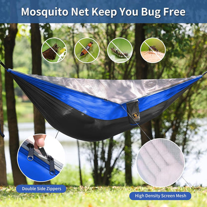 Camping Hammock, Portable Hammocks with Mosquito Net,Lightweight Nylon Parachute Hammock with 10ft Tree Straps,Camping Gear Must Haves for Travel Hiking Backpacking Beach Patio-Deep Grey&Blue
