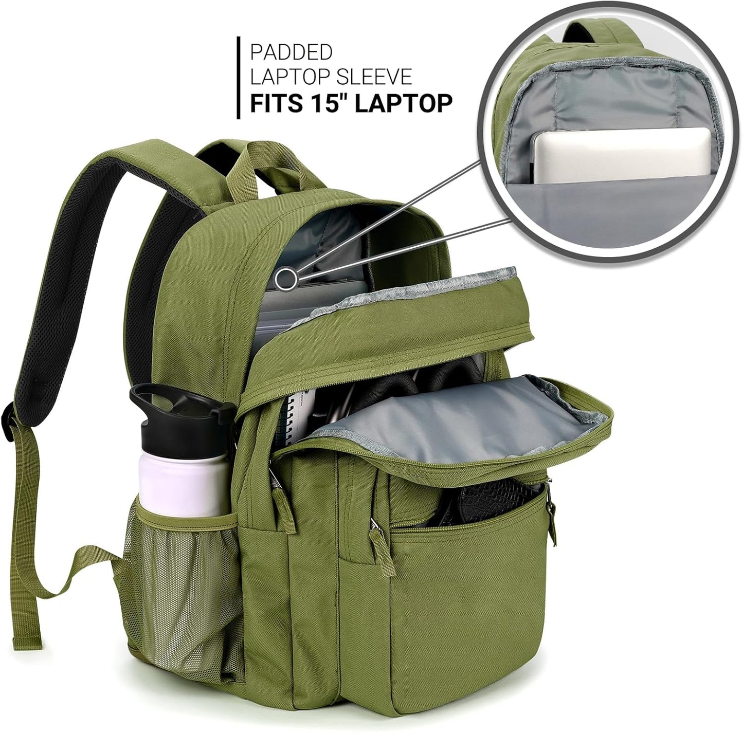 ZORFIN 26L Backpack for College, and Travel: Water Resistant Bookbag - Army Green