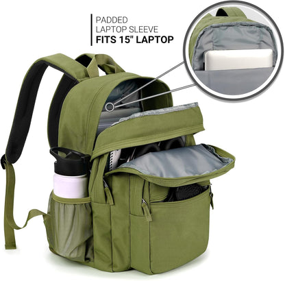 ZORFIN 26L Backpack for College, and Travel: Water Resistant Bookbag - Army Green