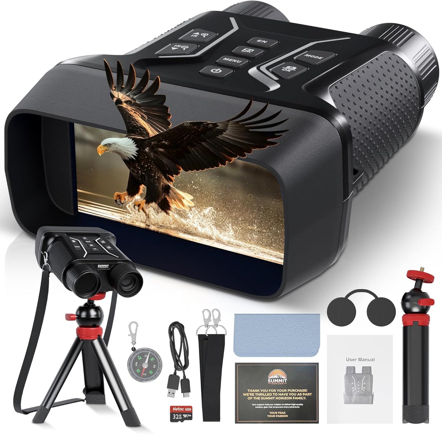 4k Night Vision Goggles for Adults - Hunting Night Vision Binoculars with Camera, Tripod, 32GB FT Card, Compass - 8X Zoom Infrared Goggles Digital Binoculars, Nightvision for Camp