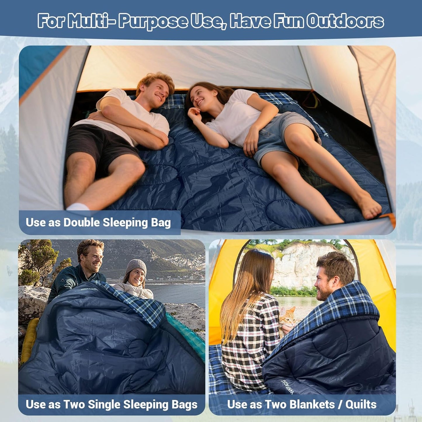 Double Sleeping Bag for Adults Machine Washable 2 Person Camping Sleeping Bag Queen Size Waterproof with Compression Sack for Cold Weather 3-4 Seasons