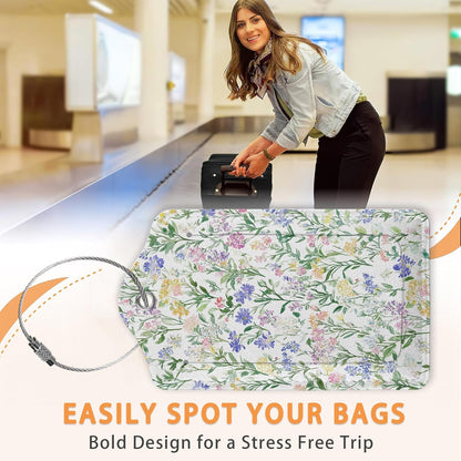 Colorful Vintage Watercolor Wildflower 3 PCS PU Leather Luggage Tags for Suitcase, Luggage Tag with Privacy Flap, Name ID Label and Metal Loop for Women Men Baggage Handbag School Bag Backpack