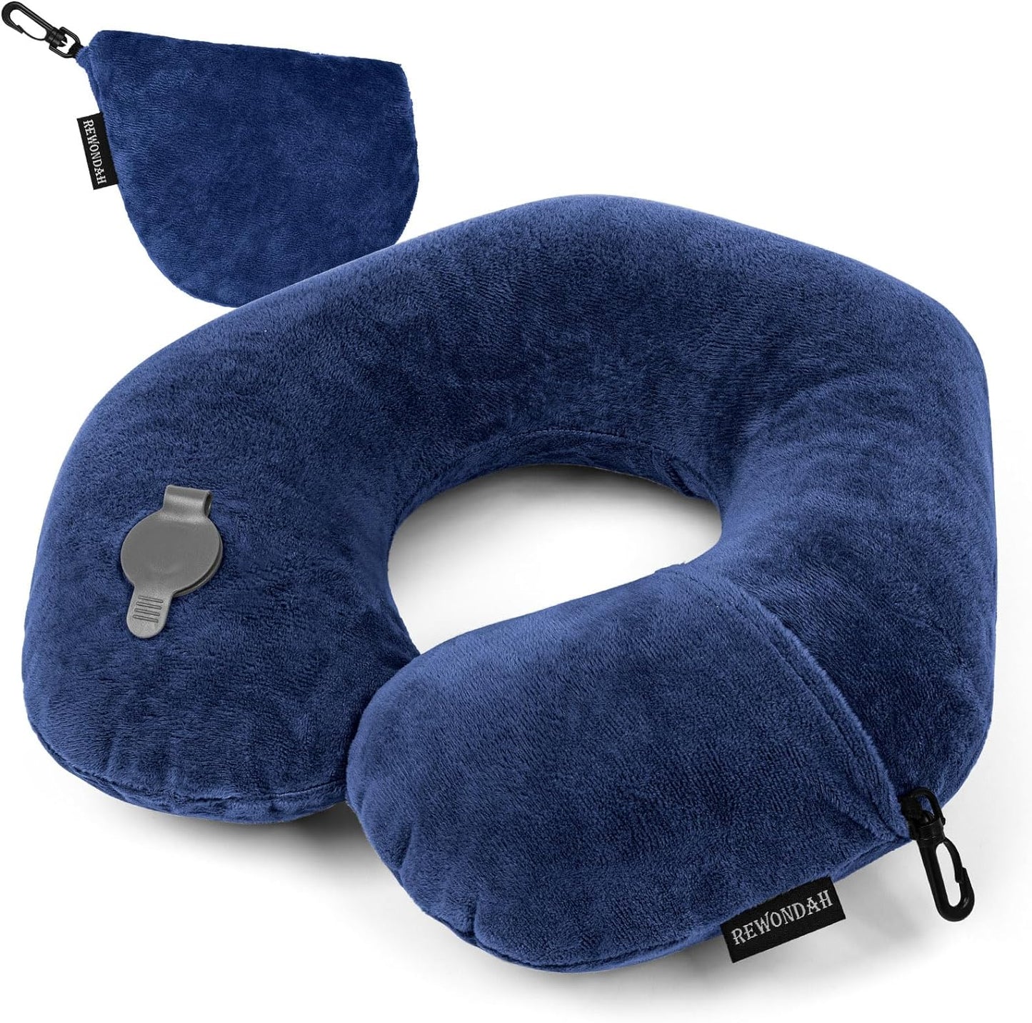 Rewondah Neck Pillows for Travel, Inflatable Travel Pillow, Inflatable Neck Pillow for Traveling Airplane with Soft Velour Washable Cover, Blow Up Neck Pillow for Airplanes Train Travel, Blue