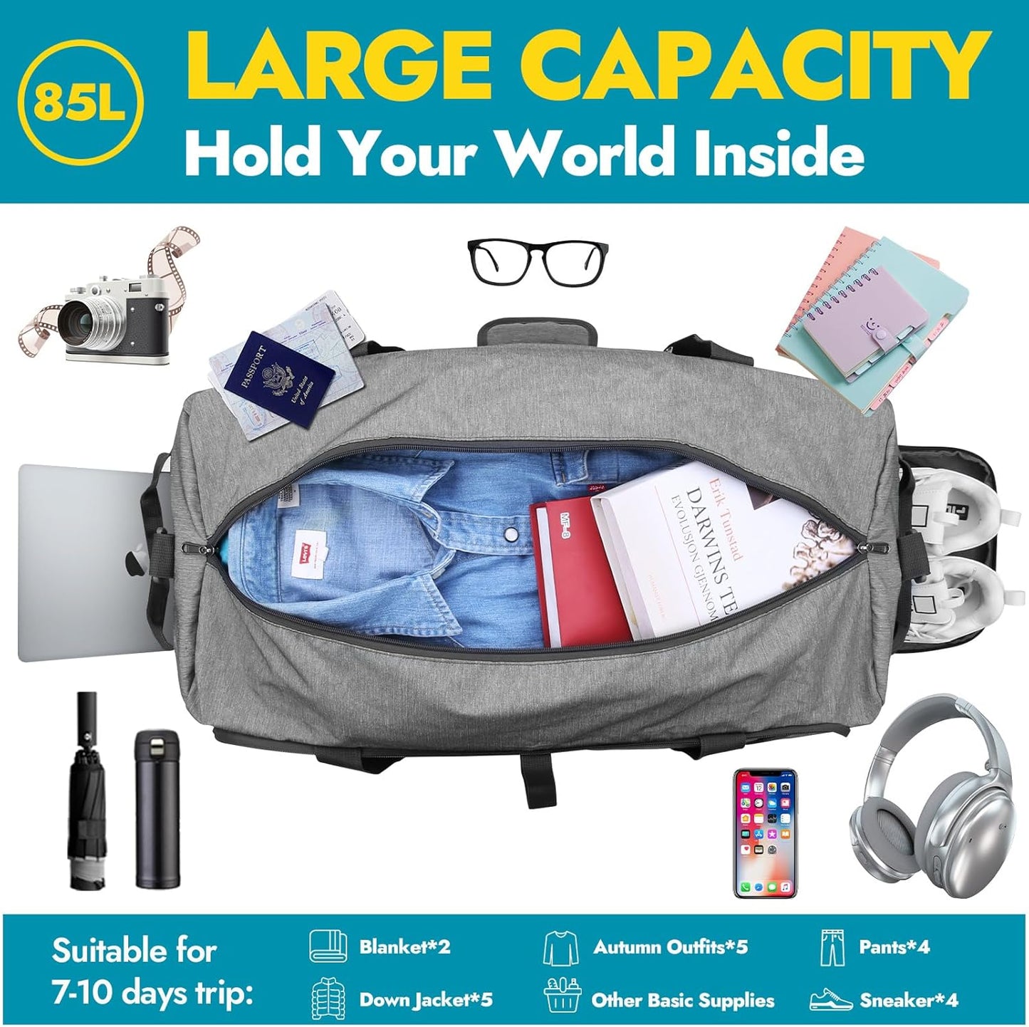 Canway 85L Travel Duffel Bag, Foldable Weekender Bag with Shoes Compartment for Men Women Water-proof & Tear Resistant