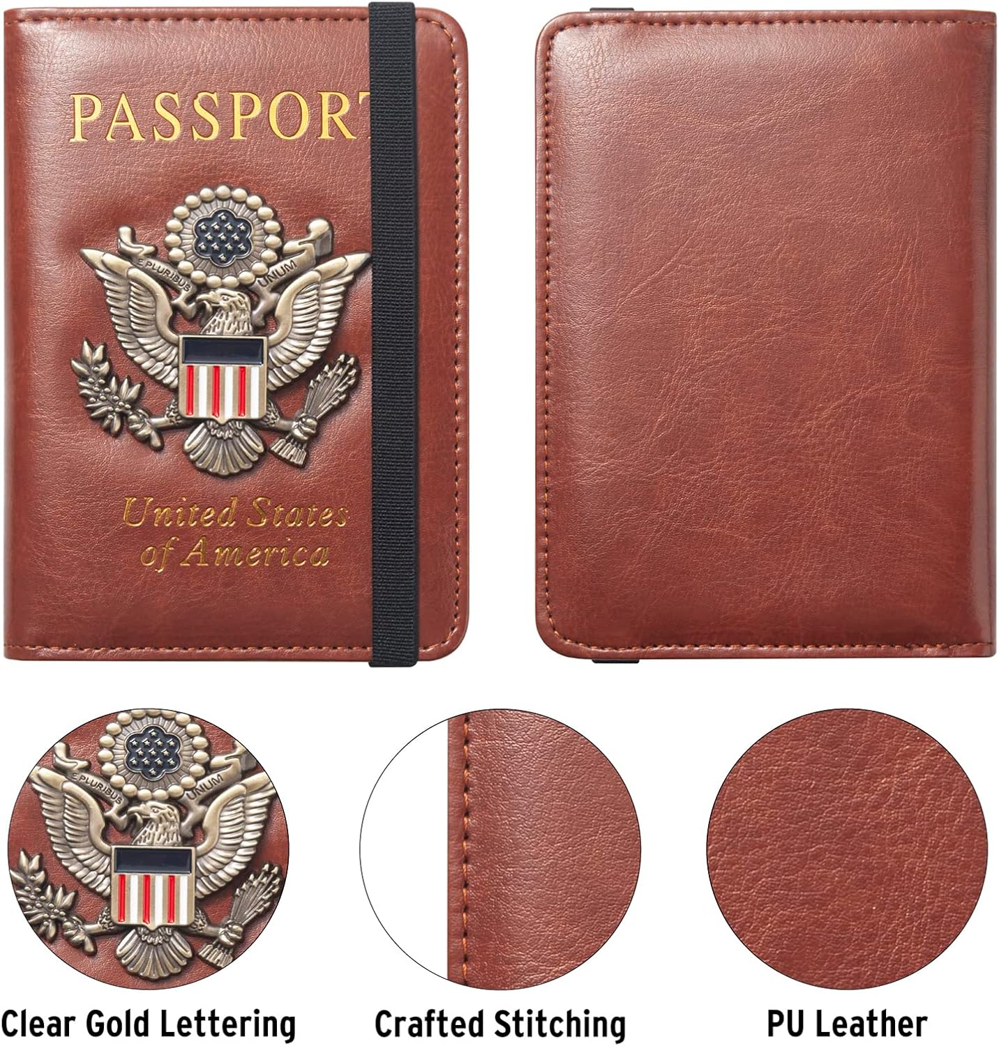 Passport Holder for Travel Passport Cover for Men Passport Wallet Case With 3D Metal Badge Protector Leather Card Case RFID Blocking Women Travel Accessories Document Organizer (Brown)