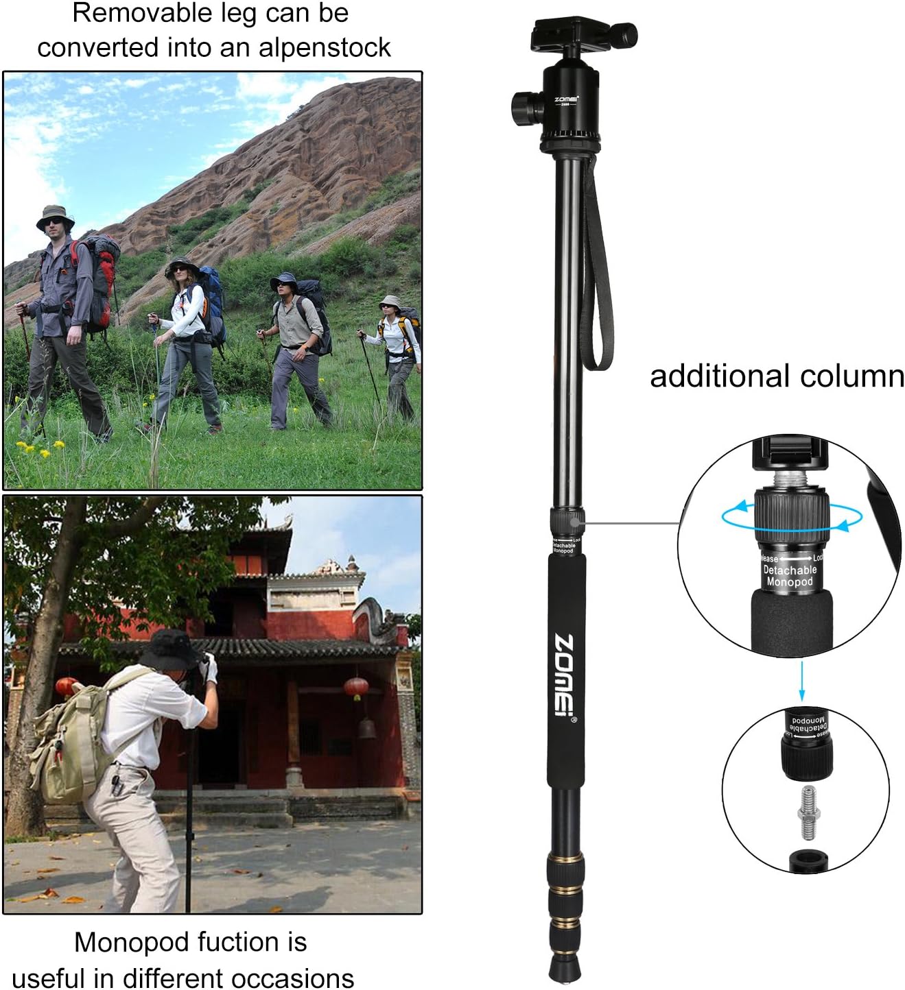 ZOMEI Z688 Travel Camera Tripod Aluminum Alloy Portable Monopod with Ball Head ann Carrying Bag for Canon Nikon Sony DSLR Camera