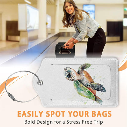 Abstract Colorful Sea Turtle 3 PCS PU Leather Luggage Tags for Suitcase, Luggage Tag with Privacy Flap, Name ID Label and Metal Loop for Women Men Baggage Handbag School Bag Backpack