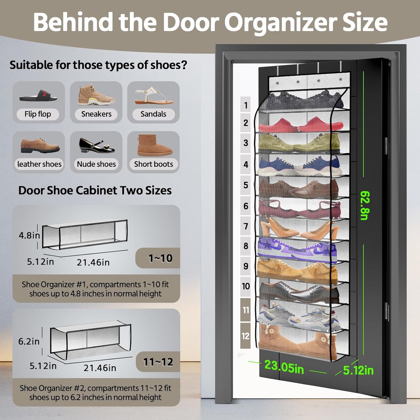 12 Pocket Over the Door Shoe Organizer,Reusable Breathable Large Mesh Bag Men's & Women's Sneaker Organizer,Shoe Organizer for Kids,Hanging Shoe Storage Hanging Bag (White)