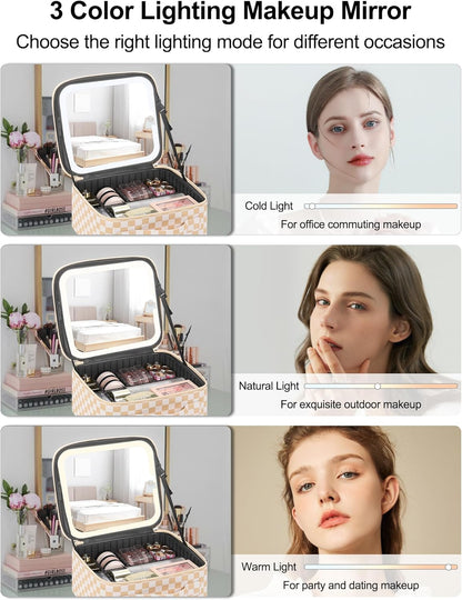 Chomeiu Makeup Bag with LED Mirror, Travel Makeup Case for Women and Makeup Artists Cosmetic Organizer Large Make Up Bags with Light Up Mirror, 3 Color Lights, Adjustable Dividers, Light Checkerboard