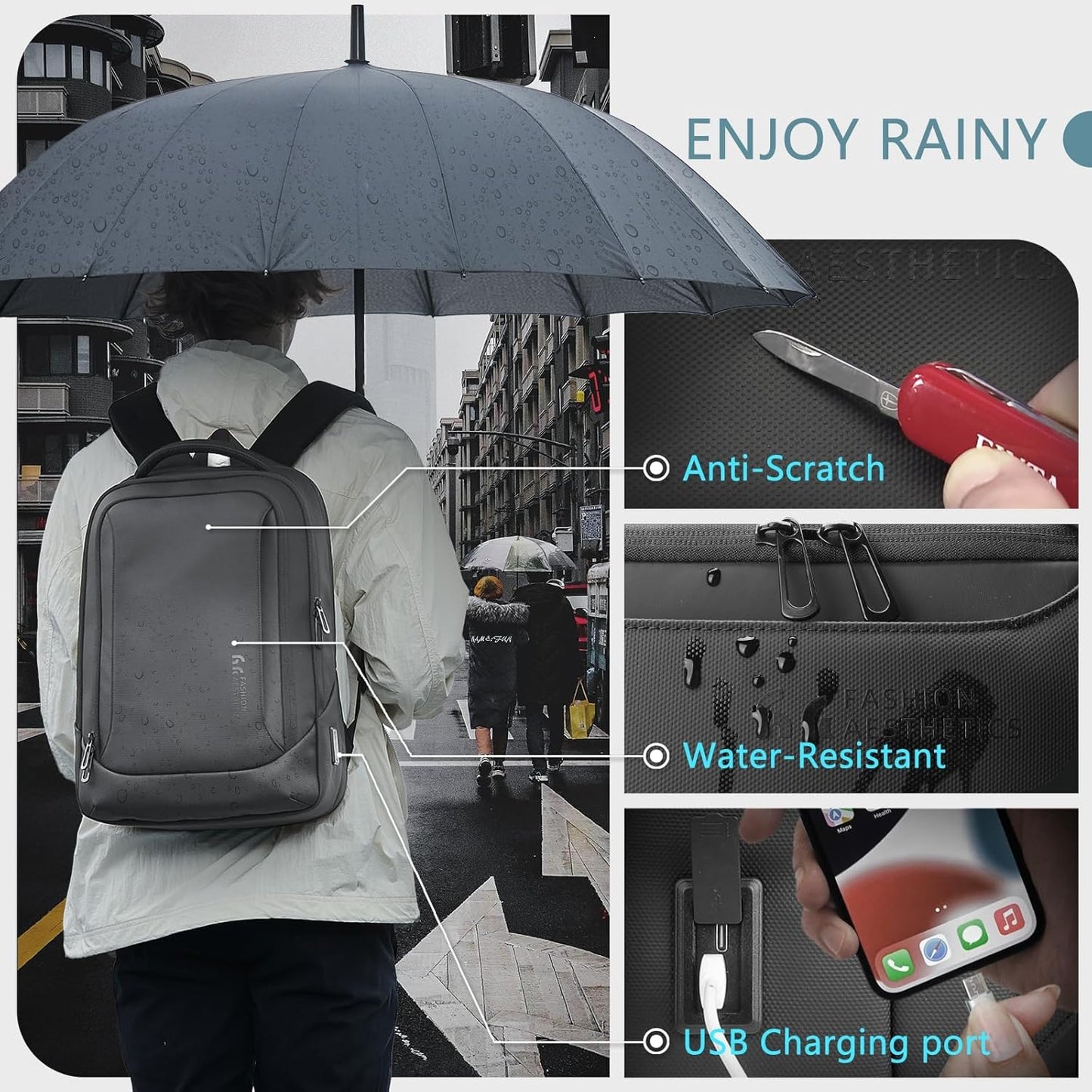 hk Laptop Backpack for Men with USB Charging Port Water-Resistant for 17.3 Inch Computer Bag Durable High-Tech Daypack Casual Backpack for Business Work College Weekender Travel- Black