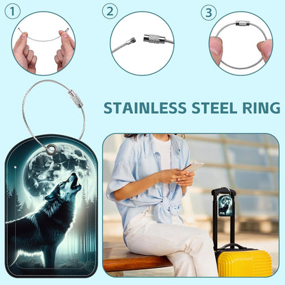 2 Pack Cute Luggage Tag for Suitcases Howling Wolf Leather Luggage Tags with Stainless Steel Loop Privacy Flap Name Tags,Men and Women Travel Bag Suitcase Tags