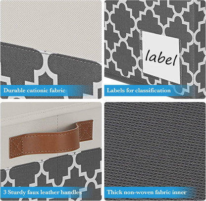 Large Storage Bins with Lids, Foldable Fabric Storage Baskets with Lids, Sturdy Storage Boxes with Labels and 3 PU Handles for Closet Home Bedroom Office (26L, 3 Packs, Grey Plaid&White)
