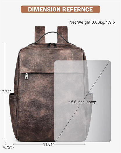 MASINTOR 15.6 inch PU Leather Laptop Backpack Purse for Women, Large College Casual Backpack Travel Bag Retro Coffee