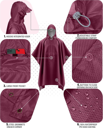 iCreek Hooded Rain Poncho with Pocket Waterproof Lightweight Unisex Raincoat Jacket for Hiking, Camping, Outdoor