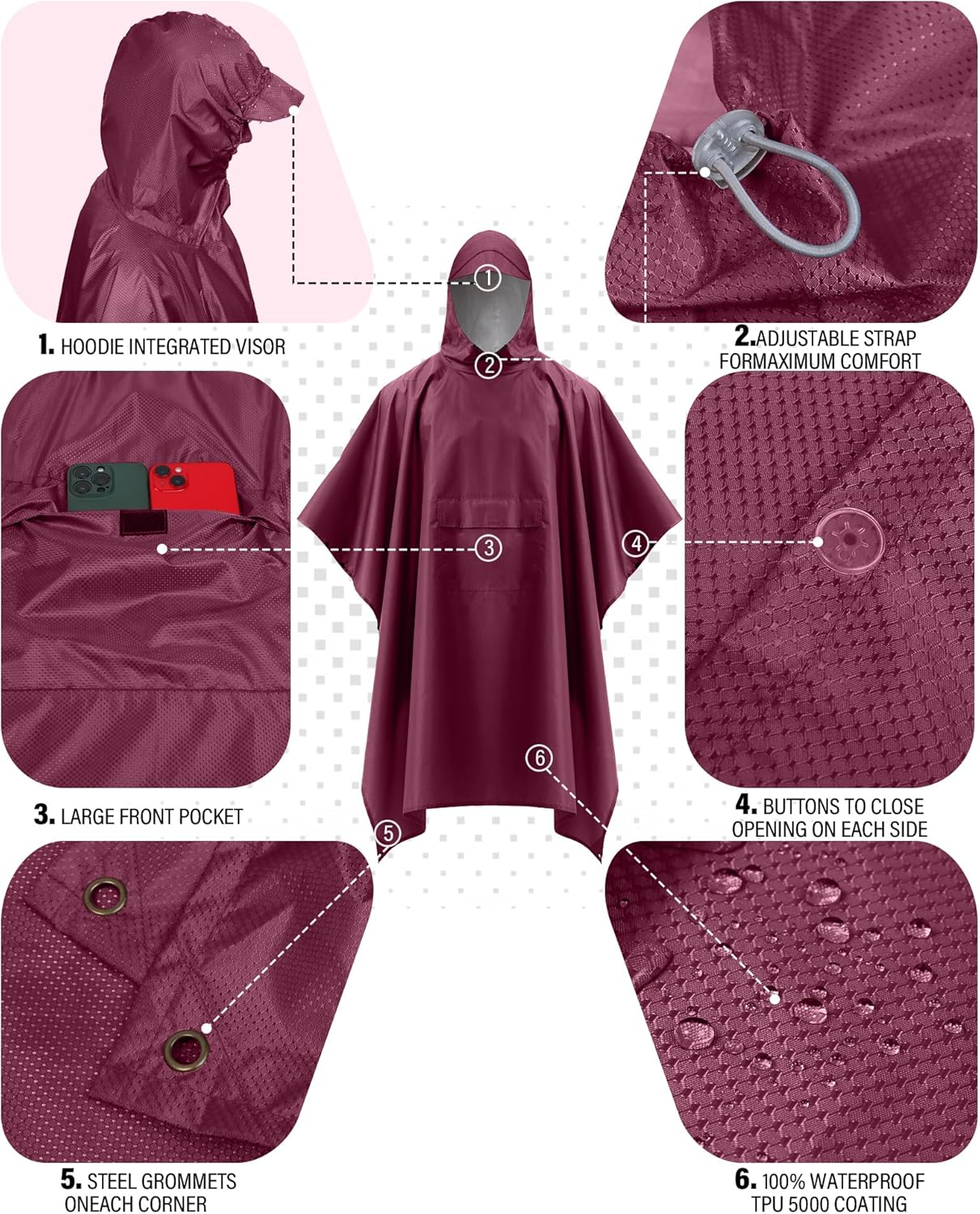 iCreek Hooded Rain Poncho with Pocket Waterproof Lightweight Unisex Raincoat Jacket for Hiking, Camping, Outdoor