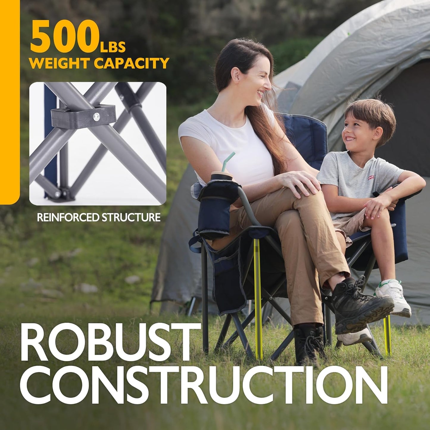 Oversized Folding Camping Chair for Adults, Supports 500 lbs – Breathable Fabric, Insulated Cup Holder, 8-Can Cooler, Padded Backrest & Seat, Storage Pouch, Carry Bag