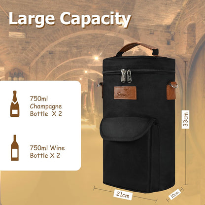 Tirrinia 2 Bottle Wine Gift Tote Carrier - Leakproof & Insulated with Large Pockets Wine Cooler Bag for Travel, Tasting, Party, Dinner