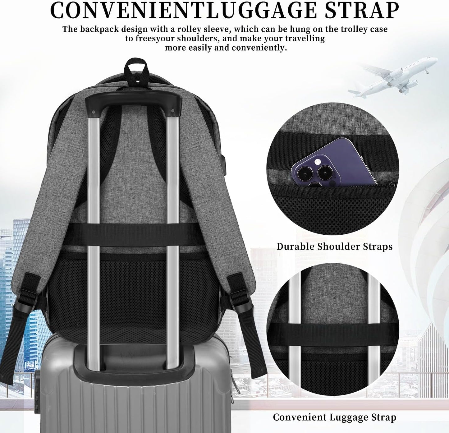 Backpack for Women Men, School Backpack for Boys Girls Teens, 17.3 Inch Laptop Backpack with USB Port, College Middle High School Bookbag, Water Resistent Business Mochila para hombre, Grey