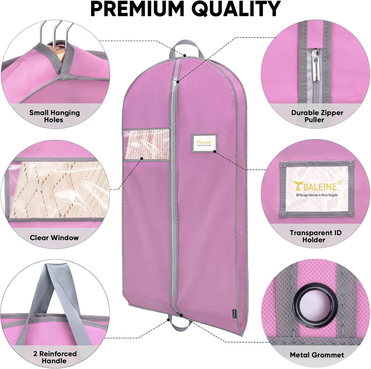 BALEINE 1PK Heavy Duty Garment Bag with Shoe Storage Travel Bag for Dresses, Suit, Coats Travel Essential (60", Pink)