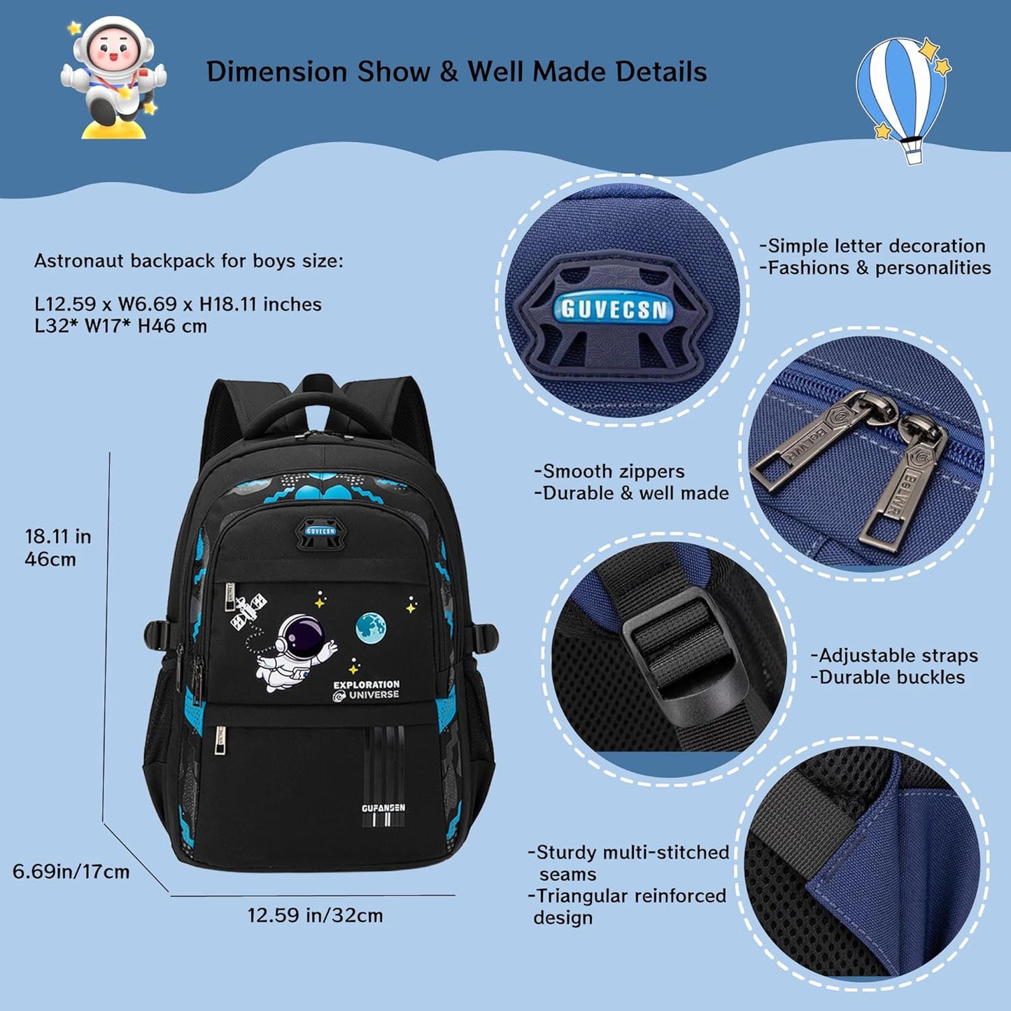 MITOWERMI Astronaut Backpack for Boys School Bags Space Kids Backpack for School Elementary Book Bags Girls Lightweight Travel Back Packs Black