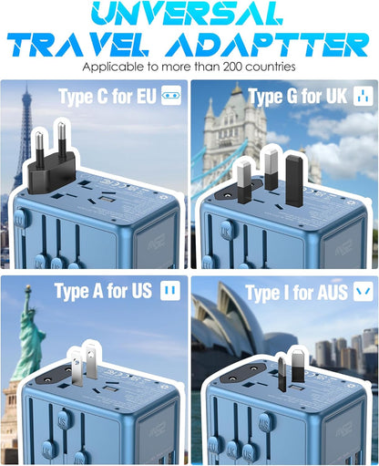 Universal Travel Adapter Offers 6.0A 3X 3.0A USB-C Ports, 2X 2.4A USB-A Ports and Multi AC Outlet, International Power Plug Adapter Worldwide Travel Charger for EU USA UK AUS (Blue)
