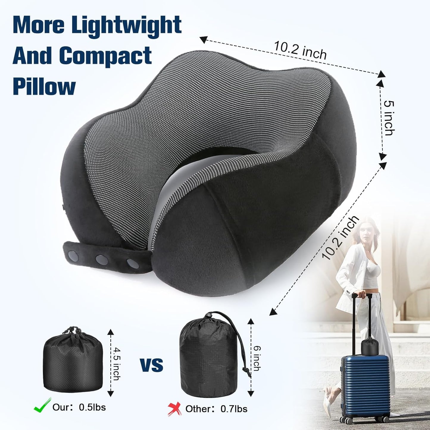 Neck Pillow for Traveling, Travel Pillows for Airplanes,100% Pure Memory Foam Travel Neck Pillow, Adjustable Flight Pillow, Portable Plane Accessories with Eye Mask, Earplugs, Carry Bag