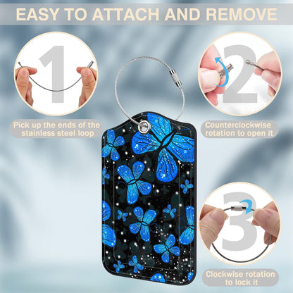 2 Pack Luggage Tags for Suitcases Blue Butterfly Leather Luggage Tags Privacy Cover ID Label with Stainless Steel Loop and Address Card for Women Men Travel Bag Backpack
