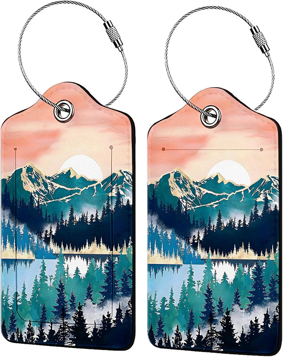 Mountain Forest Landscape Painting 2-Pcs Premium Leather Tags with Privacy Covers,Luggage Tag Stainless Steel Loops Ideal for Suitcases, Travel Bags, Backpacks