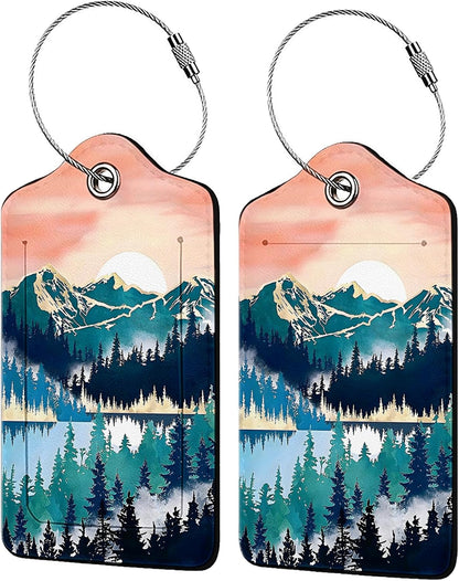 Mountain Forest Landscape Painting 2-Pcs Premium Leather Tags with Privacy Covers,Luggage Tag Stainless Steel Loops Ideal for Suitcases, Travel Bags, Backpacks