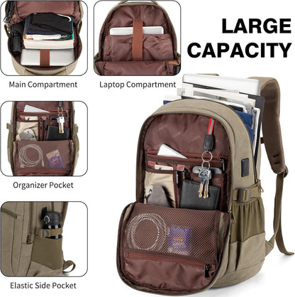 Tzowla Vintage Canvas Laptop Backpack for Men and Women,College Travel Work Rucksack with USB/Type-C Charging Port,Lightweight Bookbag Hiking Casual Daypack Backpacks Fit 15.6" Laptop(Olive Green)