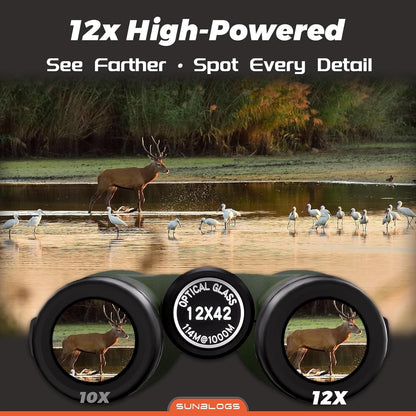 12x42 HD Binoculars for Adults,Super Bright BAK4 Prism High Powered Waterproof Binoculars with Low Light Vision for Bird Watching Outdoor Hunting Travel Hiking Sports Stargazing Cruise (Green)