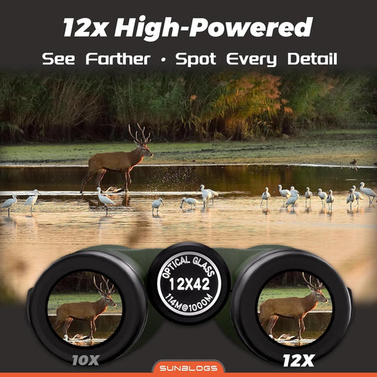 12x42 HD Binoculars for Adults,Super Bright BAK4 Prism High Powered Waterproof Binoculars with Low Light Vision for Bird Watching Outdoor Hunting Travel Hiking Sports Stargazing Cruise (Green)