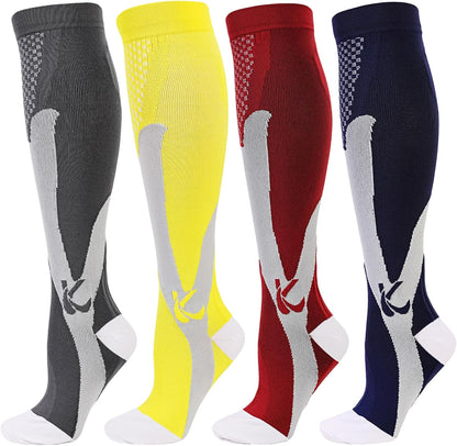 Kickticks 4 Pairs Compression Socks for Woman & Man Unisex 20-30mmHg Knee high Plus Size Wide Calves for Flying Running…