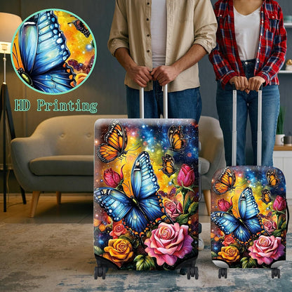 Luggage Cover + Tag, Colorful Rose Butterfly Travel Suitcase Cover for 18-20 inch Luggage (S) with Concealed Zipper, Washable Elastic Cloth, Dustproof, Anti-Scratch
