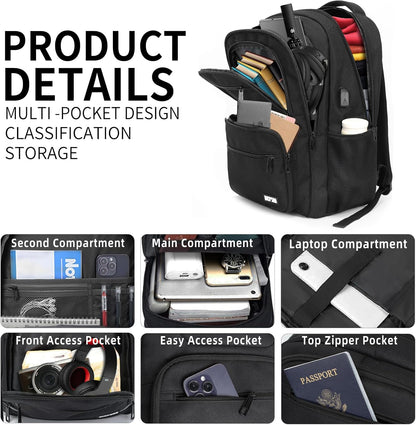 Black Backpack for Men Women, 15.6 inch Laptop Backpack for School, School Backpack for Boys Girls Teens, College Book Bag with USB Port, Water Resistant Bookbag, Business Work Travel