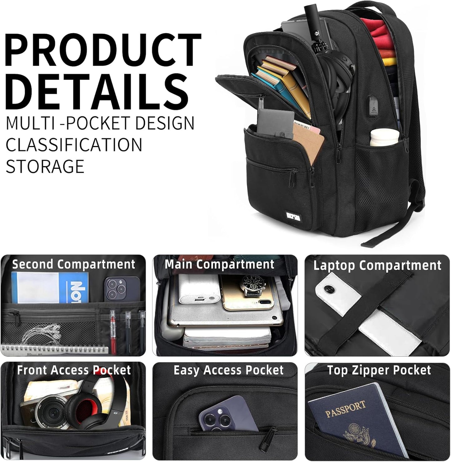 Black Backpack for School, School Backpack for Boys Girls Teens, College Book Bag, Water Resistant Bookbag, Back Pack for Men Women, Business Work Travel