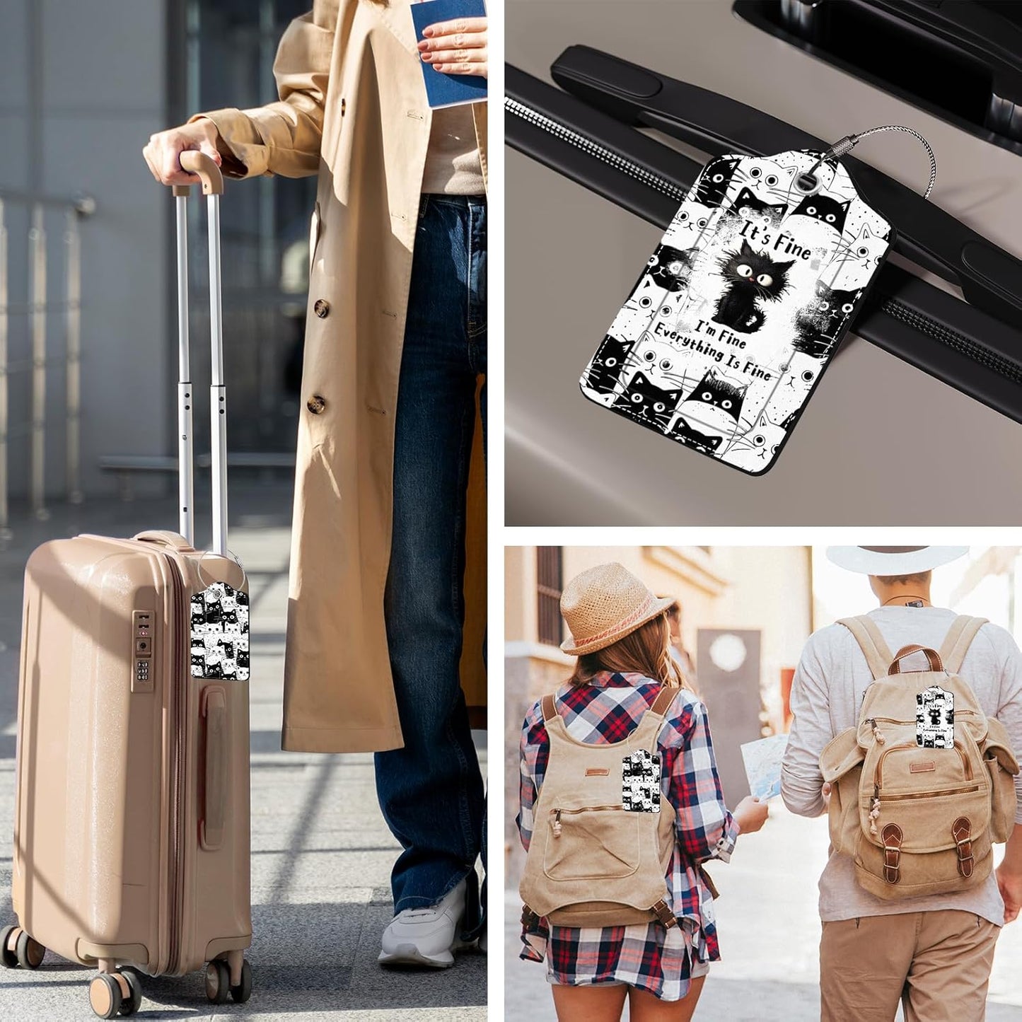 2 Pcs Funny Cat Luggage Tags for Suitcase, Leather Luggage Tags Cute, Privacy Cover ID Label with Stainless Steel Loop & Address Card, Cute Cat Travel Bag Tag Luggage Accessories for Suitcases