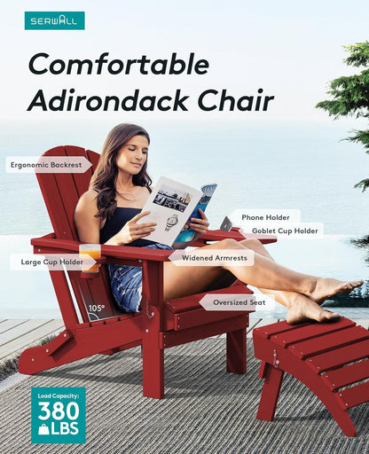 SERWALL Adirondack Chair with Cup Holders - Composite Adirondack Chairs Set of 2 HDPE Outdoor Chairs All Weather Use- Dark Red