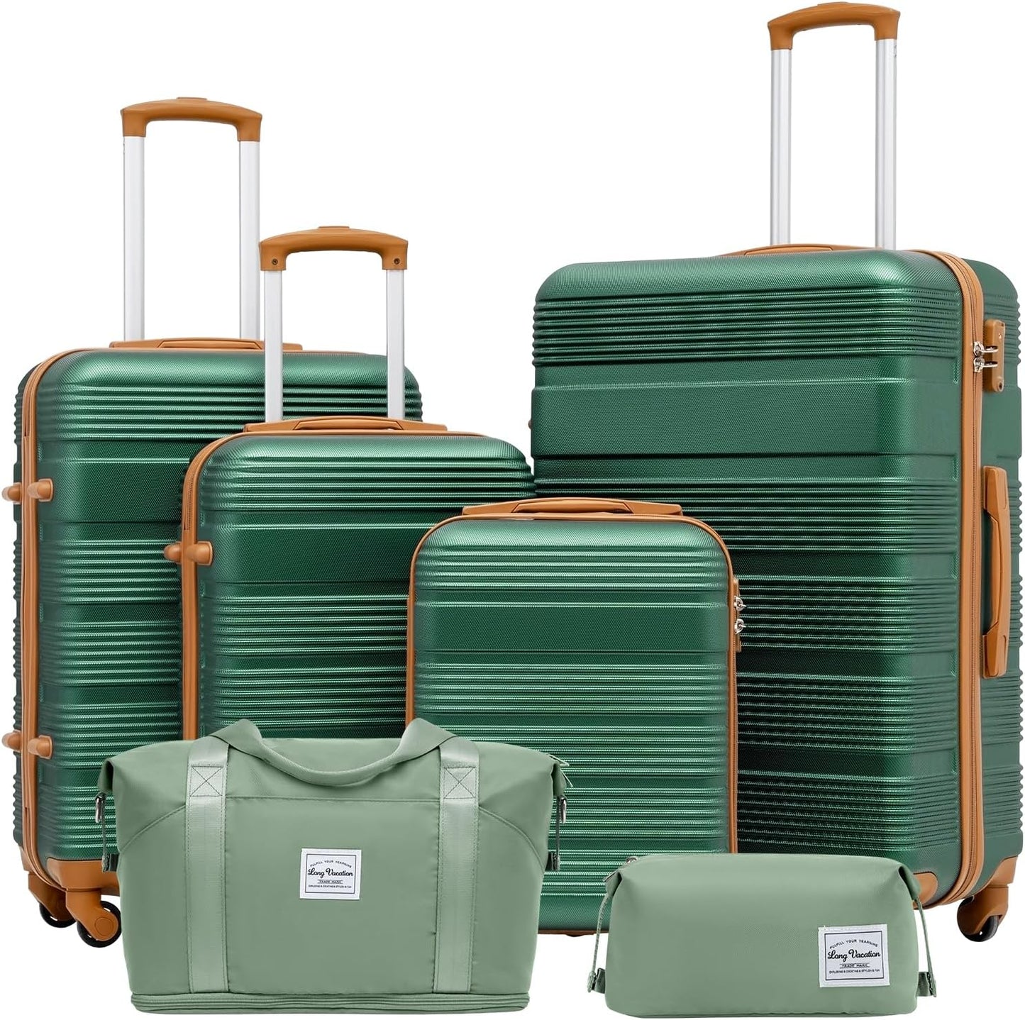 LONG VACATION 6 Piece ABS+PC Hardshell Luggage Set with Spinner Wheels, Lightweight suitcase set with TSA Lock & YKK Zipper