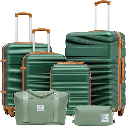 LONG VACATION 6 Piece ABS+PC Hardshell Luggage Set with Spinner Wheels, Lightweight suitcase set with TSA Lock & YKK Zipper
