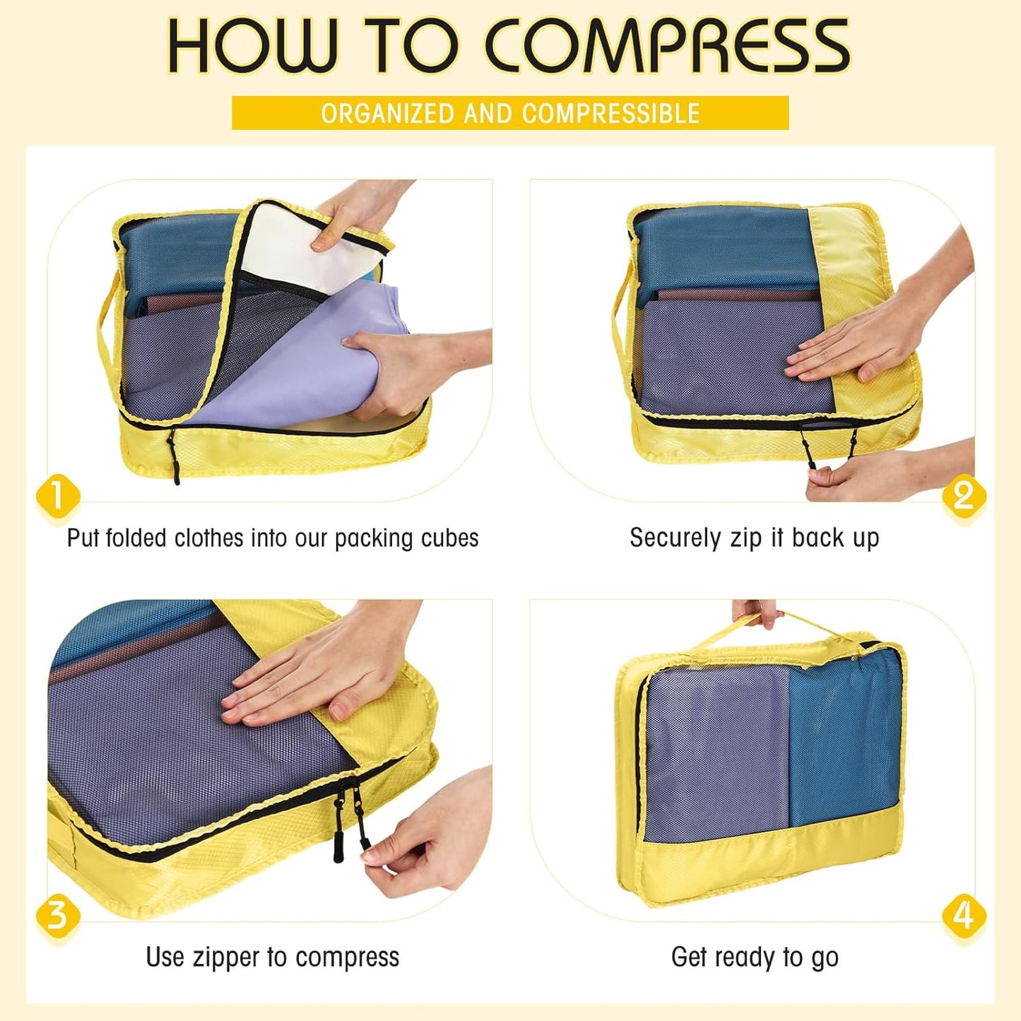 5 Pcs Packing Cubes for Suitcase Large Travel Cubes Carry on Luggage Organizer Bags for Clothes Accessories(L,Yellow)